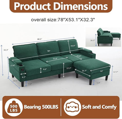 (New) 3 Seater Couch with Ottoman Grey Couch with Removable Pillows Chenille Sofas with USB Cup Holders Side Pockets L Shaped Sofa for Living Room Apartment (Green)
