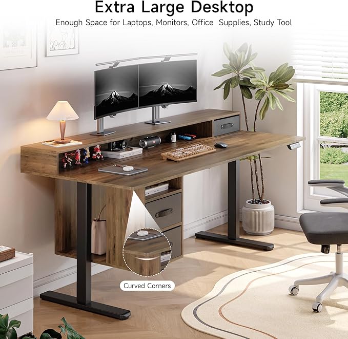 ONBRILL Standing Desk with Drawers 63x24 Inch Electric Stand Up Desk with 3 Drawers and Open Storage Shelf Adjustable Height 28-46 Inches for Home and Computer Workstation Walnut
