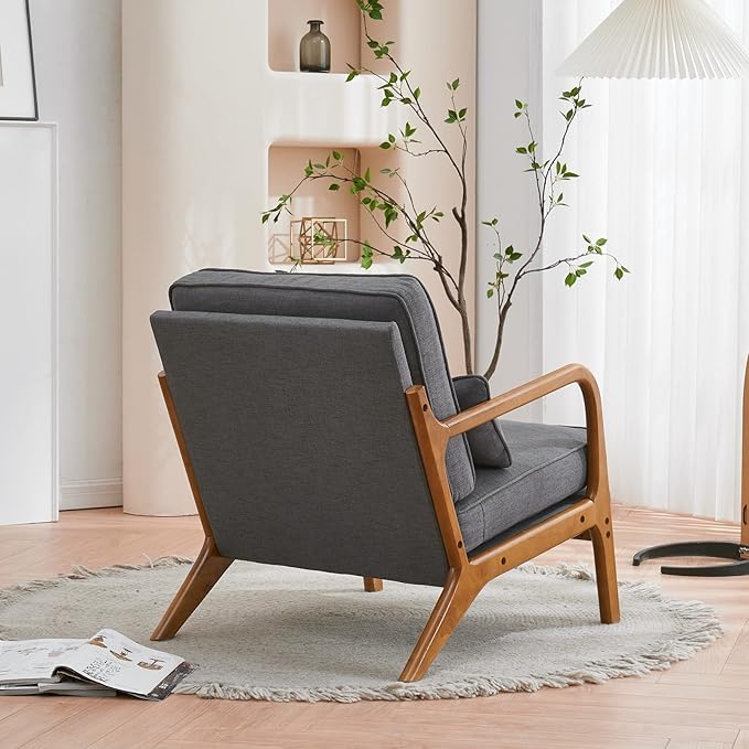 Mid-Century Modern Accent Chair with Throw Pillow Upholstered Fabric Armchair Oak Wood Frame Reading Chair for Living RoomBedroomReadingBalcony (Grey)
