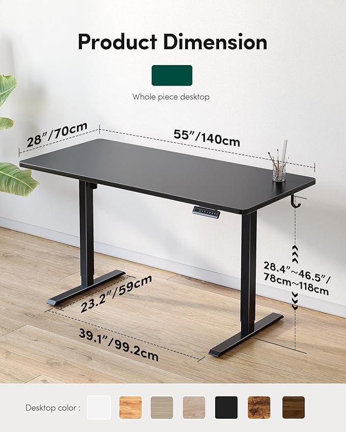 CubiCubi 55 x 24 Large One-Piece Standing Desk Adjustable Height Electric Computer Home Office Sit Stand up Workstation with 4 Memory Presets Headphone Hook Black