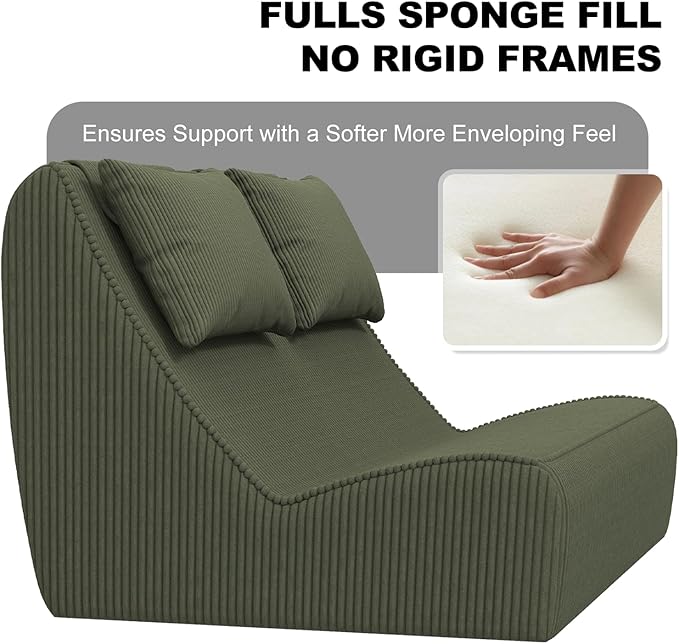 Giant Bean Bag Chair for Adults - Indoor Chaise Lounge with Pillows &amp Ottomans Upholstered Loveseat Floor Sofa Chair for Reading Gaming Napping and Movies (Olive Green)