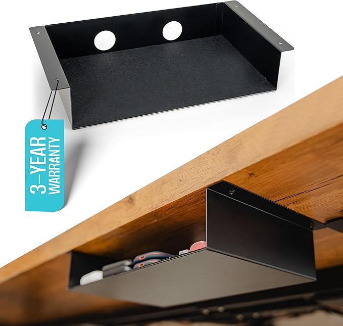 Under Desk Storage Shelf - Carbon Steel Under Desk Tray with Cable Management Mountable Add-On Shelf for Table &amp Office Desks (13 x 8 x 2.8)