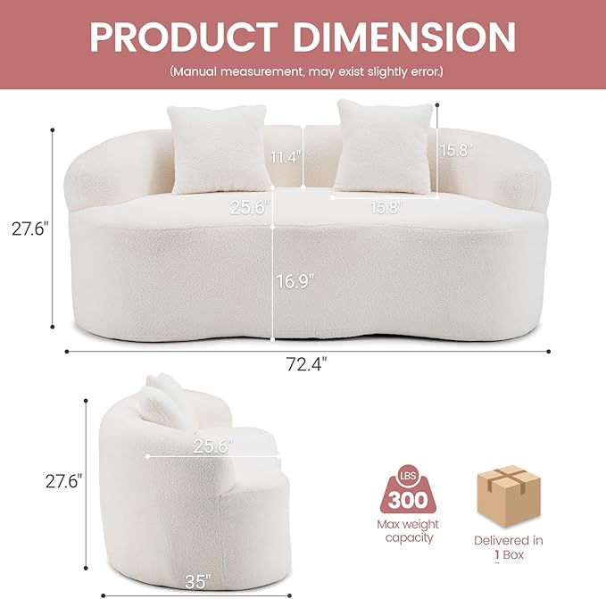 72” Curved Loveseat Sofa Modern Teddy Boneless Couch with 2 Pillows for Small Spaces Living Room Bedroom No Assembly Required (Cream White)