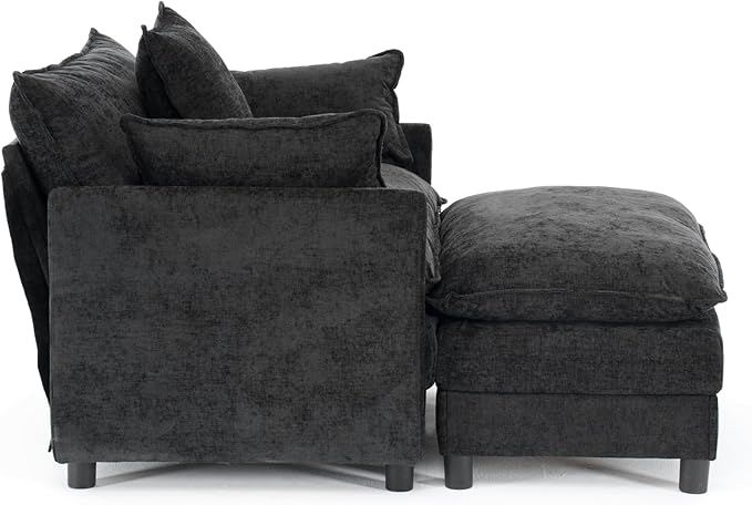 KEIKI Oversized Armchair with Ottoman Chenille Upholstered Sofa Bed Wide Accent Chair Perfect for Living Room Bedroom Apartment Black