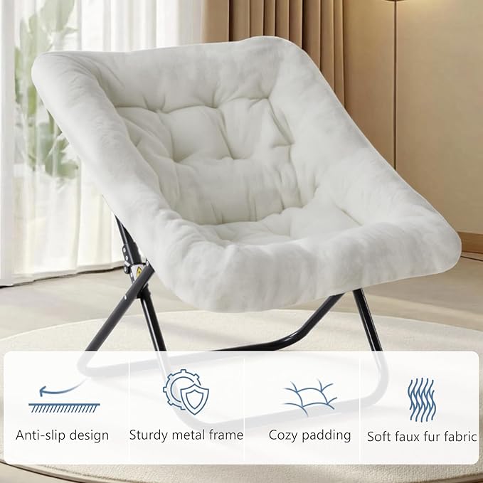 DUMOS Comfy Chair for Adults Soft Faux Fur Folding Lounge for Bedroom Living Room Dorm Rooms Flexible Reading Chair for Teens Large Size Foldable (Square-Creamy)