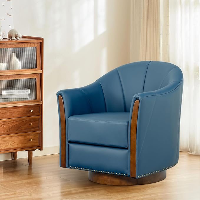 360° Swivel Accent Chair Modern Leather Barrel Club Chair with Leather Upholstery and Sturdy Wood Base Comfortable Armchair for Living Room Bedroom Reading Nook Blue