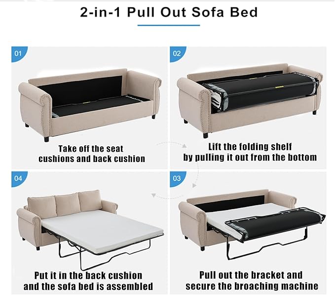 Pull Out Sofa Bed Queen Size Sleeper Sofa with Memory Foam Mattress 3 in 1 Convertible Pullout Couch Bed 3-Seater Comfy Upholstered Loveseat Sofas for Living Room Guest Room RV (Beige Linen)