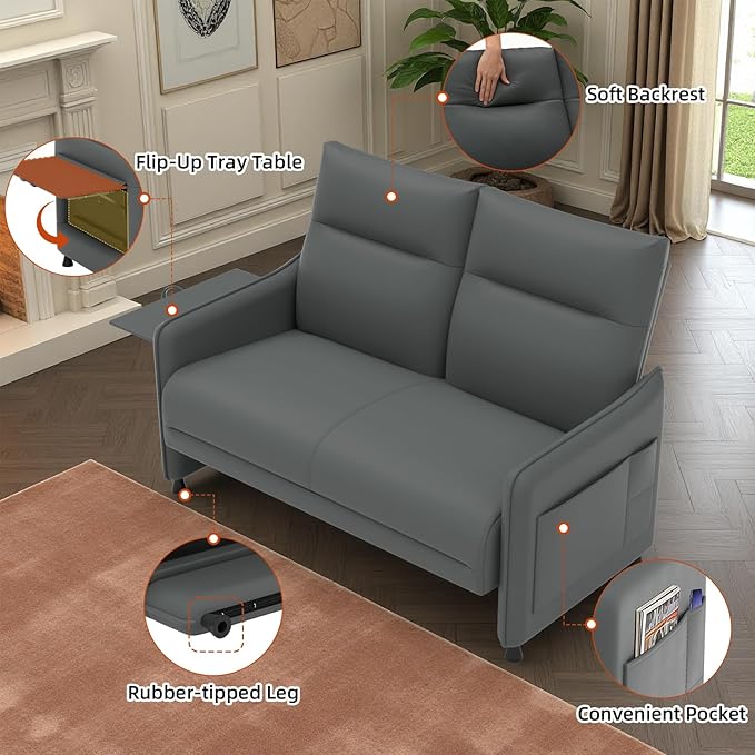 Faux Leather Sectional Couches for Living Room 3 Piece Loveseat and Chair Set with Flip Up Tray Tables Side Pockets Modern Modular Sectional Sofa for Office2-Seat+1-Seat+1-SeatGray