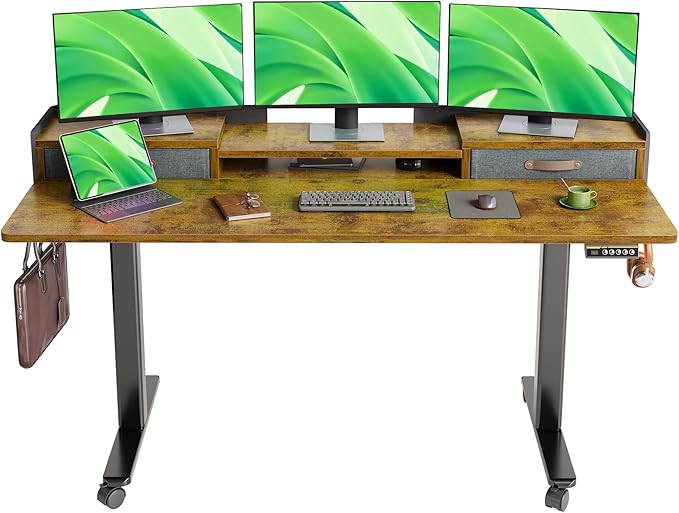 Claiks Standing Desk with Drawers Adjustable Stand Up Electric Standing Desk Adjustable Height with Storage Shelf and Splice Board 63 Inch Rustic Brown