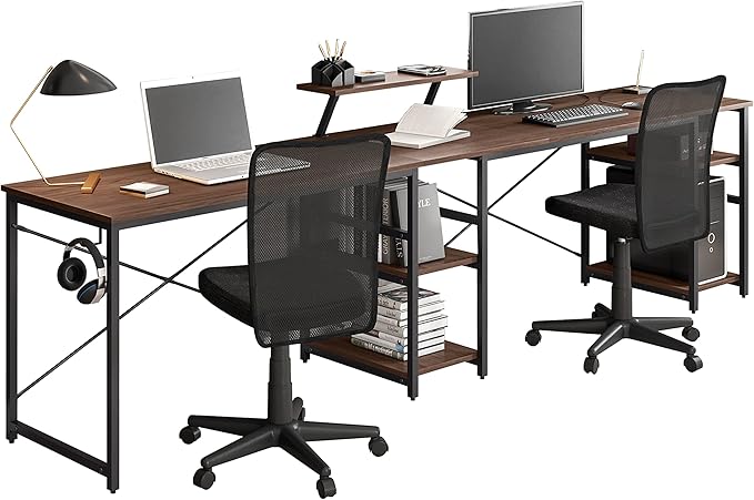 Techni Mobili Office Desk - Reversible L Shaped Desk with Storage Shelves Monitor Stand &amp Accessory Holder - Ergonomic &amp Industrial Workstation Corner Table with Durable Steel Frame Walnut