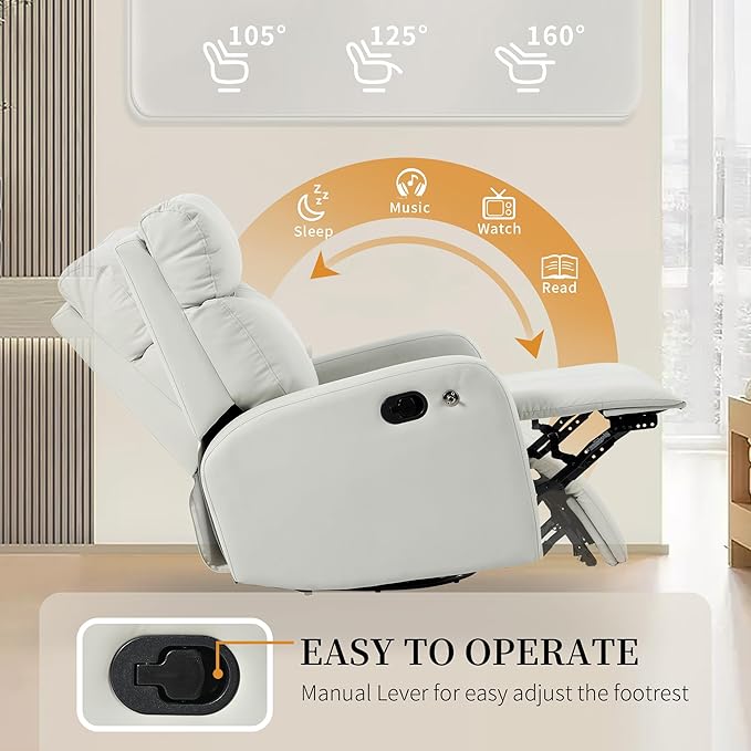 Swivel Rocker Recliner Chair for Nursery Upholstered 360° Leather-air Glider Rocking Chair with Phone Holder Manual Small Recliners for Small Spaces Living Room