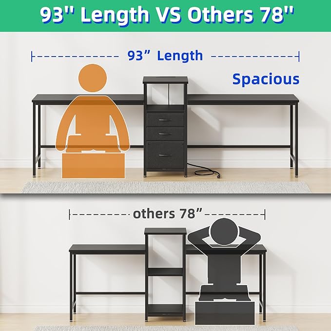 GYIIYUO 93'' Two Person Gaming Desk with Charging Station Long Desk with 3 Drawers and Printer Shelf Double Computer Desk 2 Person Writing Study Table Workstation for Home Office Black