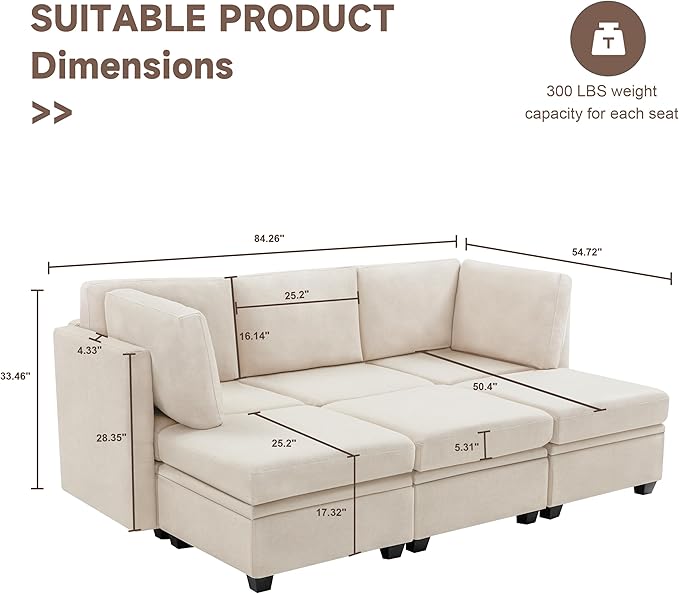 Modular Sectional Sleeper Sofa Bed 6 Seat Couch With Storage for Living Room Reversible Chaise Beige