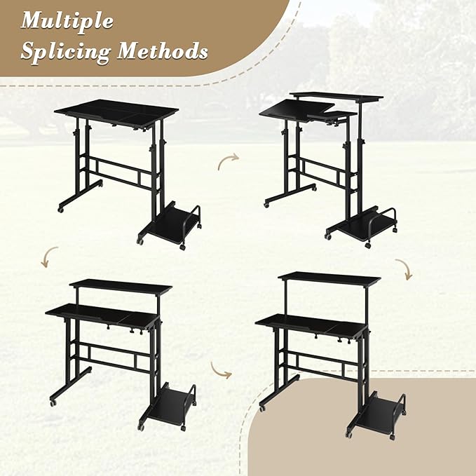 Athena Collection Height-Adjustable Mobile Laptop Stand Cart with CPU Holder Rolling Sit-Stand Desk Workstation for Home Office Black