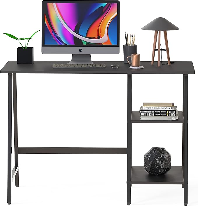 SHW 43-Inch Home Office Trestle Computer Desk with Open Storage Shelves Black