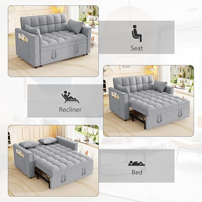 Hison Convertible Sleeper Sofa Bed 3 in 1 Pull Out Couch Bed with Adjustable Backrest Sectional Small Couches for Small Spaces Loveseat for Apartment Living Room (Gray Velvet)