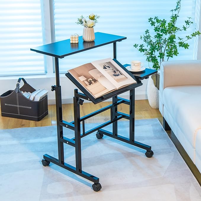 Tangkula Mobile Stand Up Desk Height Adjustable Home Office Desk with Standing &amp Seating 2 Modes Tilting Tabletop &amp Flexible Wheels Rolling Laptop Cart Sit Stand Desk (Black)