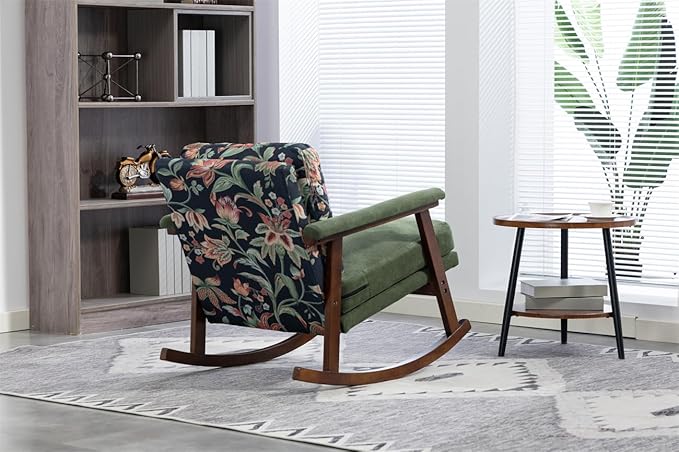ZeHuoGe Mid Century Modern Accent Chair Rocking Chair with Wood Frame Upholstered Living Room Chairs Reading Armchair for Bedroom Sunroom (Antique Green)
