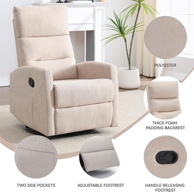 Swivel Rocking Recliner Chair Upholstered Glider Rocker with Adjustable Backrest and Footrest Modern Rocking Chair for Adults with 2 Pockets for Nursery Lounge Bedroom Living Room (Beige)