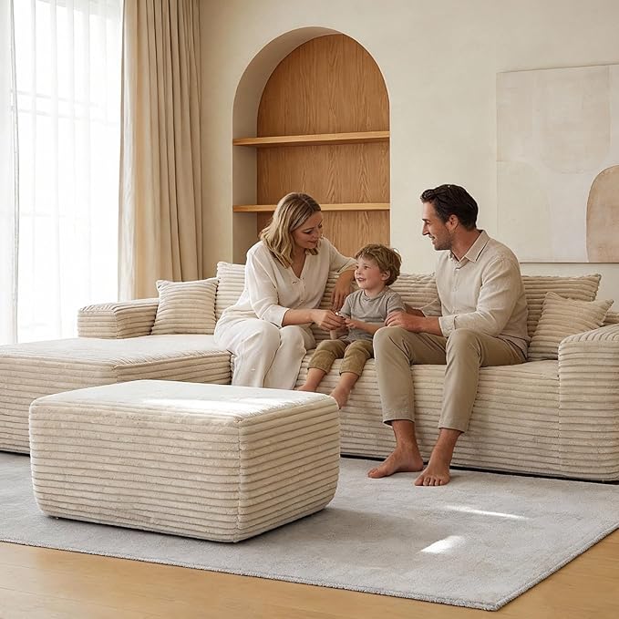 Large Ottoman Foot Rest 37 Beige Sofa Couch Ottomon with Soft Long-Pile Fabric High Resilience Foam &amp Spring Support Ottoman for Living Room Extra Seating