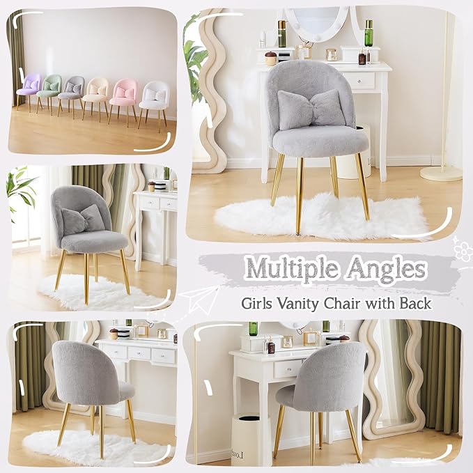 VINGLI Fluffy Girls Vanity Chair with Back &amp PillowCute Small Cozy Desk Chair No WheelsComfy Makeup Ch with Ajustable Gold Legsfor BedroomLiving RoomSmall SpaceGrey