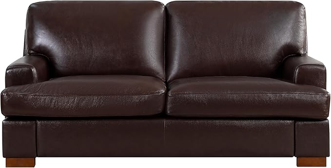 Naomi Home Genuine Leather Loveseat – Goose Feather Cushion Filling Square Arm Design Sturdy Block Legs – Cozy 2-Seater Sofa – Ideal for Living Room Office or Bedroom Espresso