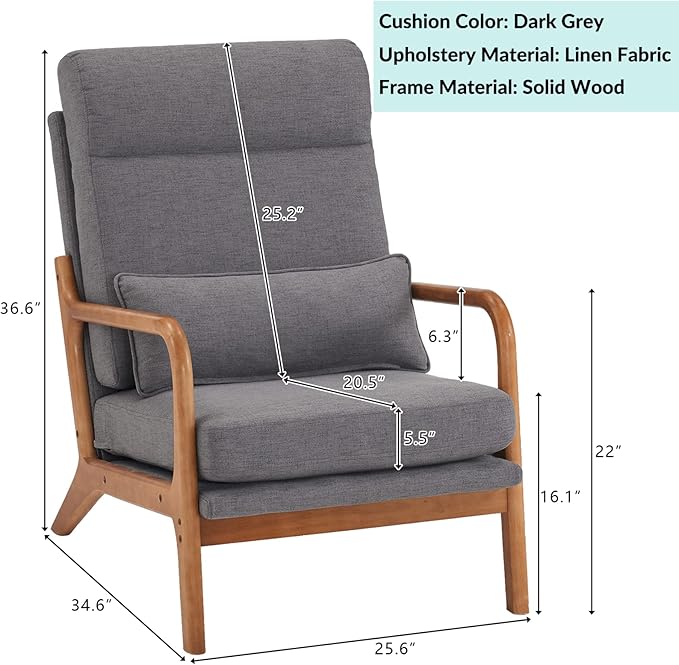 JOYBASE Lounge Accent Chair Mid Century Modern Chair High Back Chair Wood Frame Armchair Comfy Reading Chair for Living Room Office Bedroom (Dark Grey Fabric)