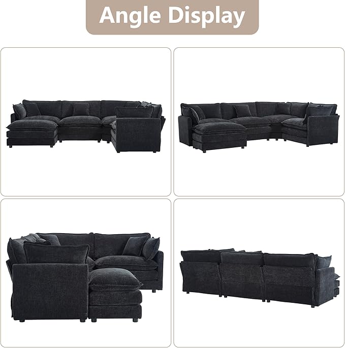 113.4 Deep Seat Sectional Cloud Sofa with an Ottoman Oversized U Shaped Modular Couch Large 5 Seater Corner Couches for Living Room Black Chenille