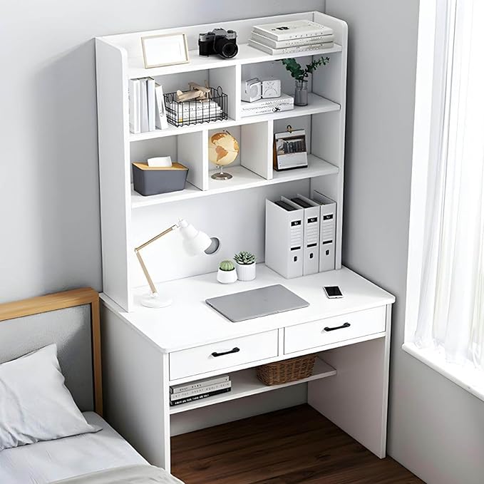 Wooden Computer Desk with Hutch and BookshelfHome Office Desk with Drawers and Storage Shelf Space Saving Writing Study Desk Workstation(31 L x 20 W x 71 H B)