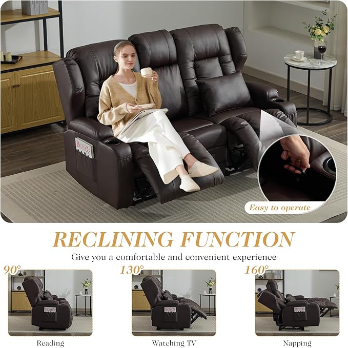 Loveseat Recliner Sofa with DIY LED LightsRV Couch Wall Hugger Recliners with Flip-up ConsoleReclining Loveseat Sofa Recliner with Smart LED Lights/Cup Holders/Lumbar PillowsRV FurniturePU Brown