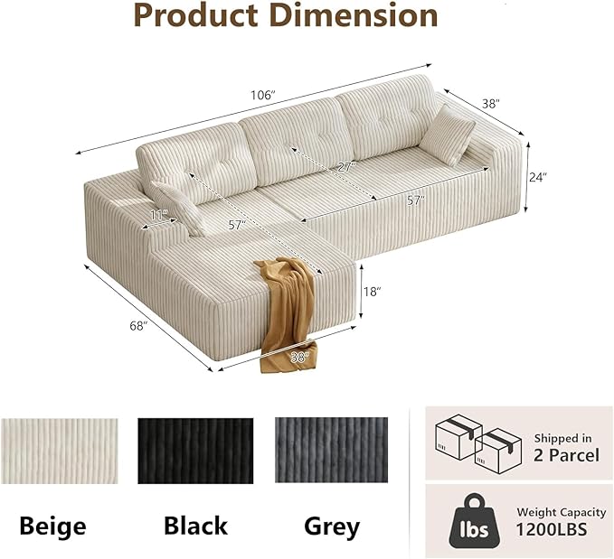 Ball &amp Cast 106''Cloud Couch Sectional with L-Shaped ChaiseCorduroy Upholstered Modular Sectional SofaDeep Seat Sectional Couches for Living RoomNo Assembly Required (BeigeLeft Facing Chaise)