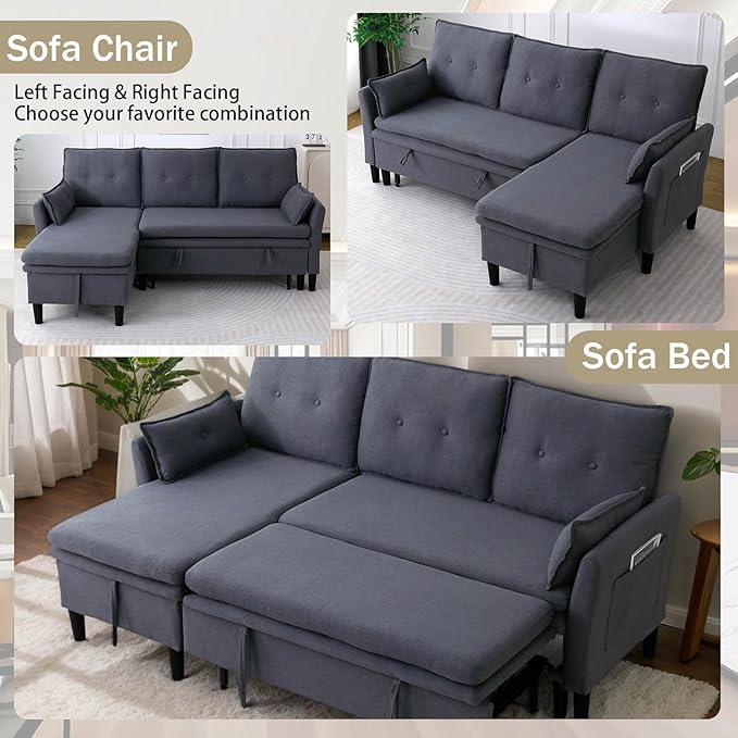 78 L-Shaped Sleeper Sofa Bed Couch 3-Seater Reversible Pull Out Couch Bed with Storage Chaise Lounge Cotton-Linen Pullout Sofabed Sectional Couches for Living Room Apartment Dark Grey