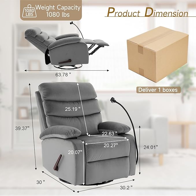 Swivel Rocker Recliner Chair Rocking Recliner Chair with Velvet Fabric Small Manual Reclining for Living Room Nursery Bedroom RV Light Gray