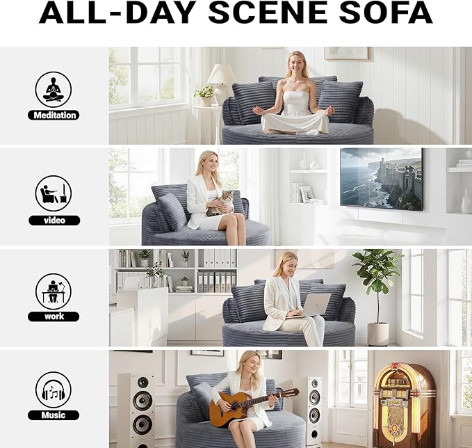 54-inch Oversized Round Chaise Longue Chair Indoor Modern Upholstered Corduroy Deep Seat Circle Cloud Chair Single Boneless Reading Chair for Living Room Bedroom Apartment Gray