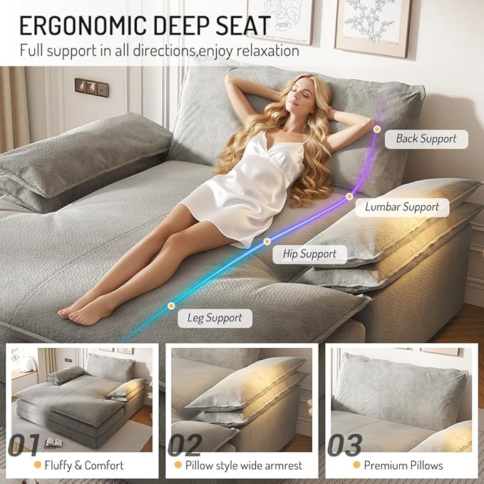 80 Oversized Double Chaise Lounge Chair Indoor Comfy Chenille 2 Seater Cloud Sofa Couch Modern Loveseat Sleeper Recliner with Wide Armrests for Living Room Bedroom Apartment Grey