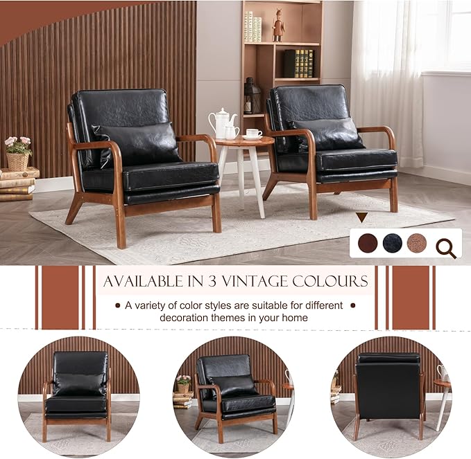 Mid Century Modern Accent Chair Comfy Armchair with Lumbar Pillow and Thick Cushion Lounge Chair with Solid Wood Frame Upholstered Side Arm Chair for Living Room Bedroom Office Black PU Leather
