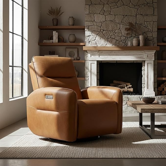 CHITA Faux Leather Power Recliner Chair Swivel Glider Recliner for Adults Nursery Rocking Chair with USB &amp Type-C Charging for Living Room Bedroom Camel
