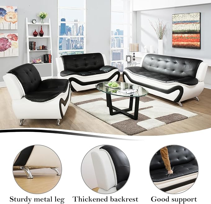 Living Room Furniture Sets 3 Piece Faux Leather Sofa Set White and Black Couch Set for Home Apartment Office(Loveseat)