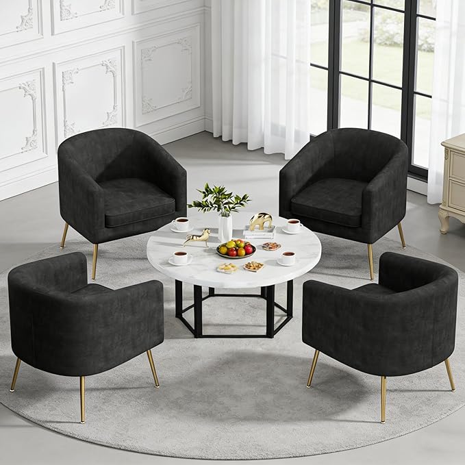 Velvet Barrel Chair Modern Accent Chair with Metal Sturdy Legs Club Chair Comfy Armchair Modern Tub Chair for for Living Room Bedroom Waiting Room Black