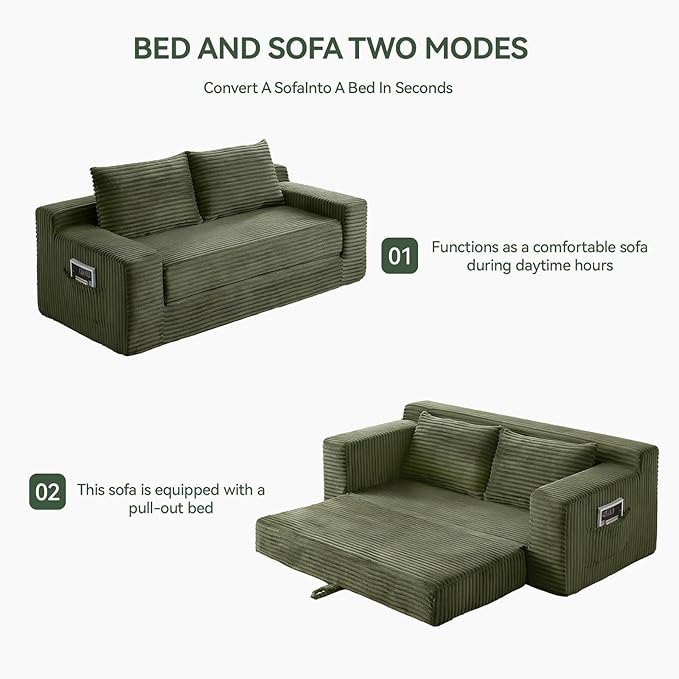 73 Convertible Sofa Bed Pull Out Boneless Loveseat Sleeper Sofa Corduroy Foldable Couch Bed with Storage Bag No Assembly Couch in a Box for Living Room Apartment (Green)