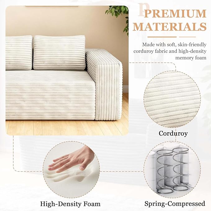 63 White Boneless Couches for Living Room Compressed Sofa Couch in a Box Corduroy Memory Foam Floor Couch for Adults Memory Foam Deep Seat No Assembly Required (White)