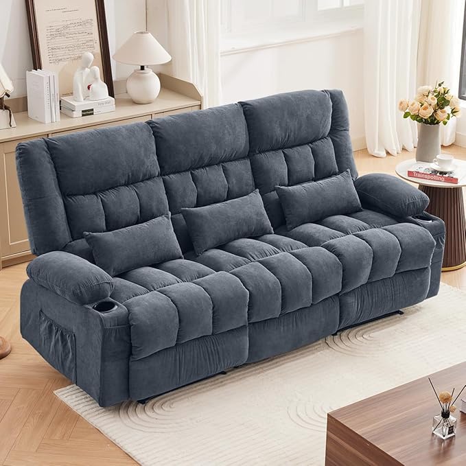 Recliner Sofa with Cup Holders for Living Room 3 Seat Manual Oversized Recliner Chiar with Ergonomic Side Pocket for Adult