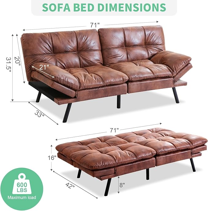 MUUEGM Futon Couch with 71 Adjustable High Density Memory Foam Futon Sofa Bed Modern Design Sofa Bed for Living Room Sleeping and Relaxing(Leather Brown)