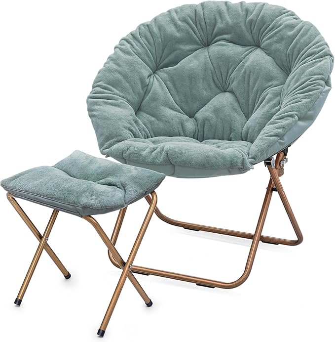 MoNiBloom Round Folding Faux Fur Saucer Chair for Bedroom Living Room Dorm Foldable Metal Frame Oversized Large Comfy Soft Lounge Lazy Cozy Moon Chair with Footrest Ottoman for Adults (Teal Blue)
