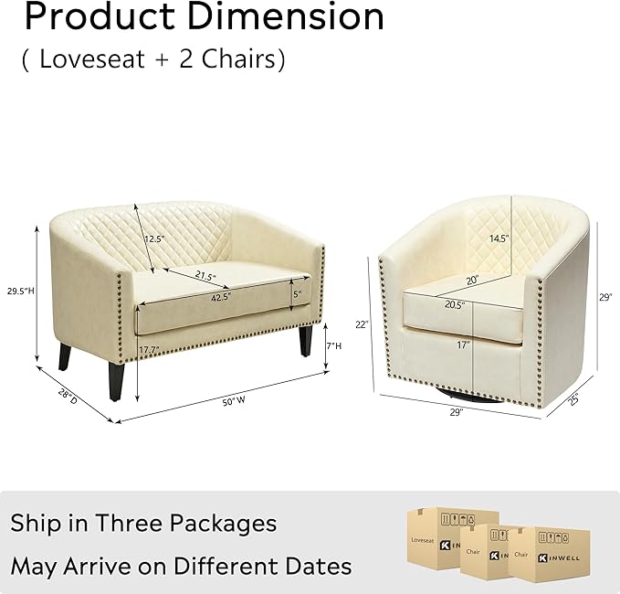 KINWELL 50 Faux Leather Upholstered Loveseat Sofa with 2 Swivel Barrel Accent Chairs Minimalist Comfy 2-Seater Couch and Armchair for Small Spaces Apartment Cream