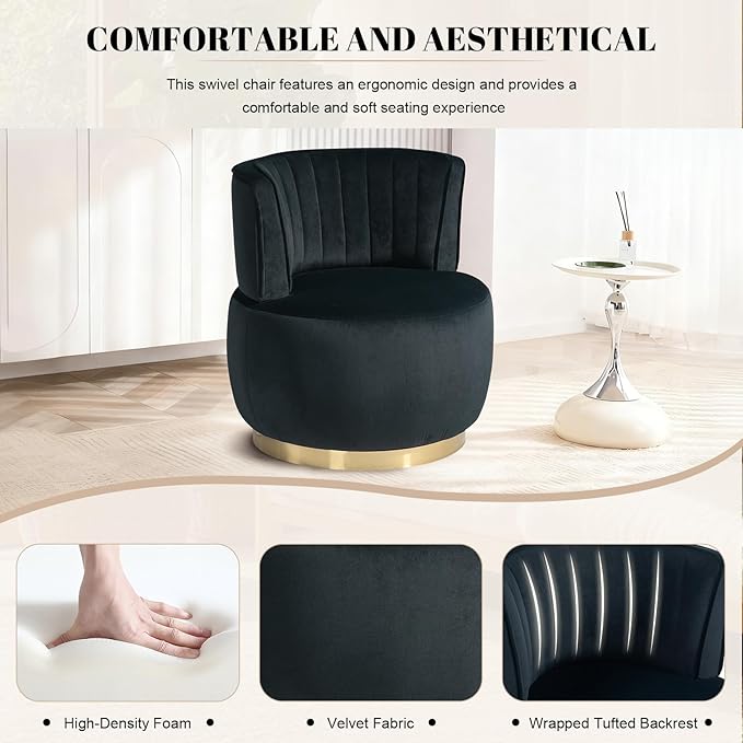 360 Degree Swivel Accent Chair Comfy Round Swivel Barrel Chair with Mental Base Upholstered Cozy Reading Armchairs Modern Lounge Sofa Chairs for Living Room Bedroom Club Office(Velvet Black)