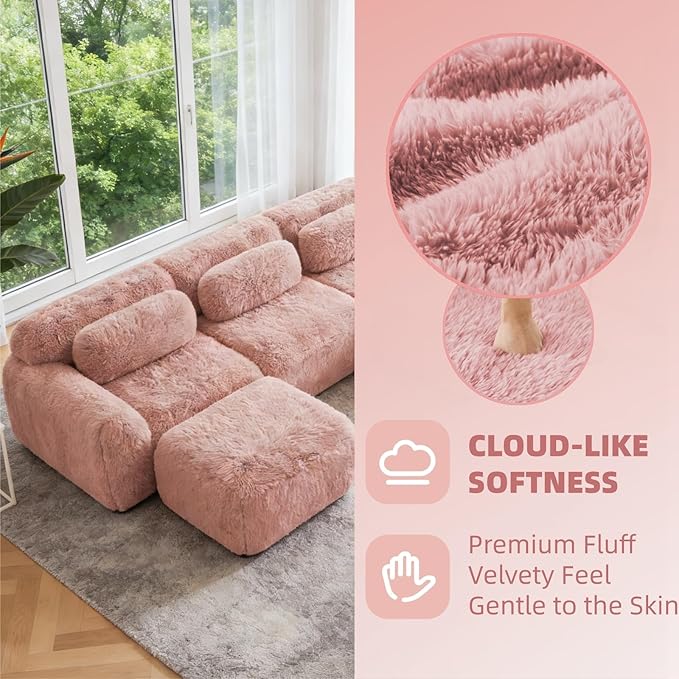114.7 Modular Boneless Sofa Modern Sectional Couch U-Shape Boneless Couch for Living Room Apartments Bedroom 32D High Density Sponge Lounge Sofa No Assembly Required Pink