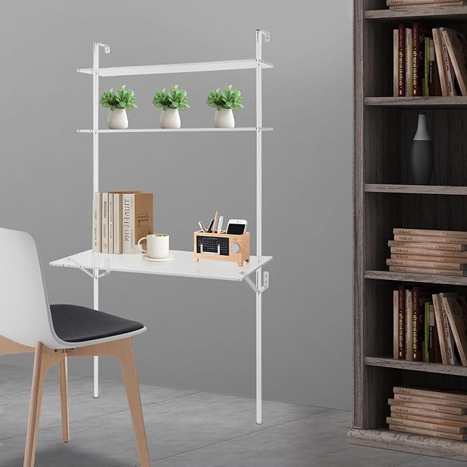 90x50x176cm Clear Acrylic Wall-Mount Ladder Desk - Stylish Space-Saving Design for Home or Office. Easy to Install Perfect for Computers and Work.