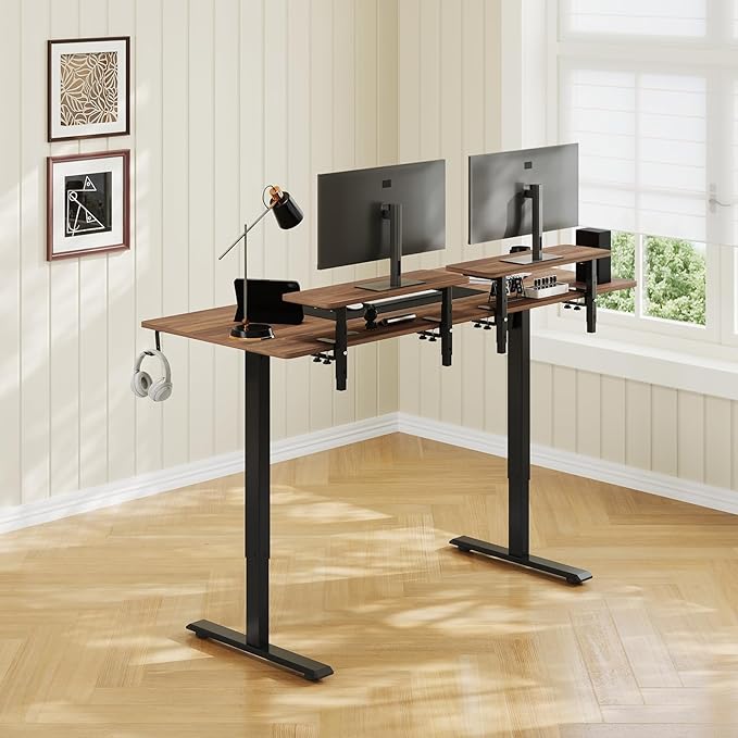 63 x 24 Inches Electric Standing Desk with 2 Monitor Shelves Adjustable Computer Desk from 28-46'' Sit to Stand UpHome Office Desk with Memory Controlller for Workstations Walnut