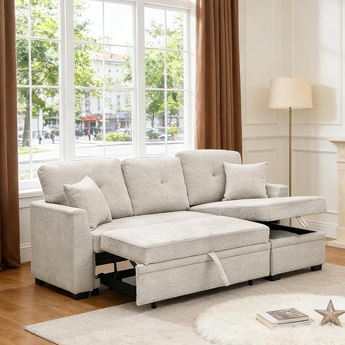 Sectional Sleeper Sofa with Pull Out Bed L Shape Convertible Chenille Couch with Storage Chaise 2 in 1 Pull Out Sofa Bed with 2 Seats for Living Room Apartment Beige